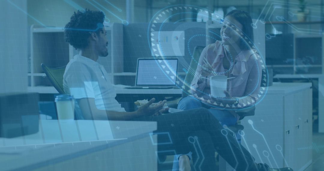 Colleagues Collaborating in Open Office with Futuristic HUD Overlay and Circuit Graphics