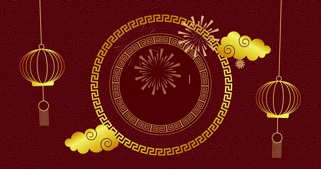 Chinese Festive Background with Lanterns and Fireworks