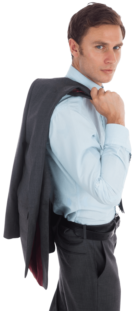 Transparent Businessman Holding Jacket with Confident Stare