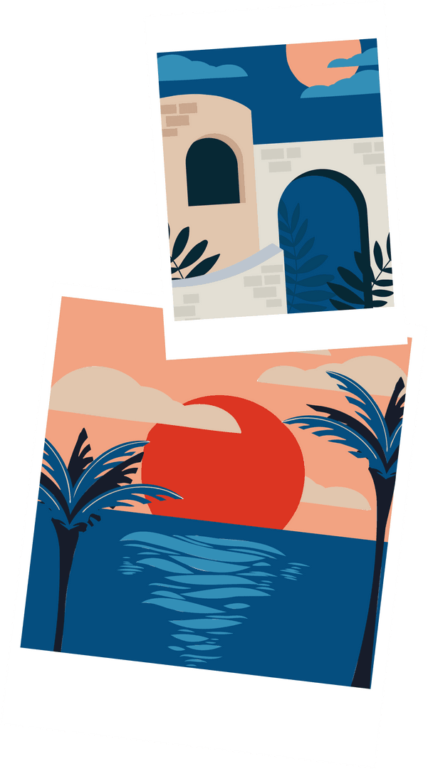 Transparent Polaroid Illustration Sunset with Sea and Palms