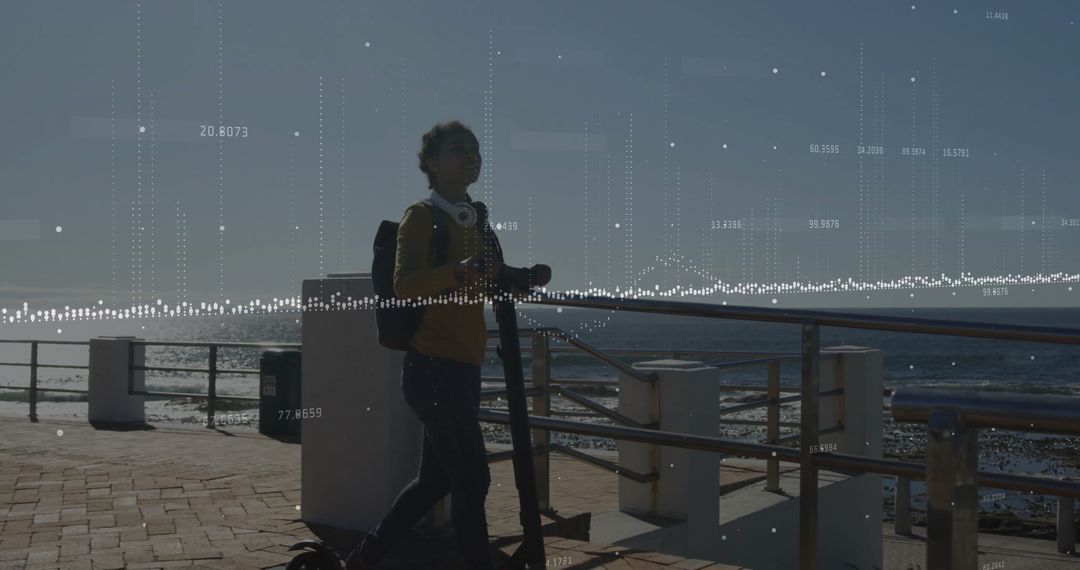 Child Scooting by Coastal Path with Futuristic Data Overlay