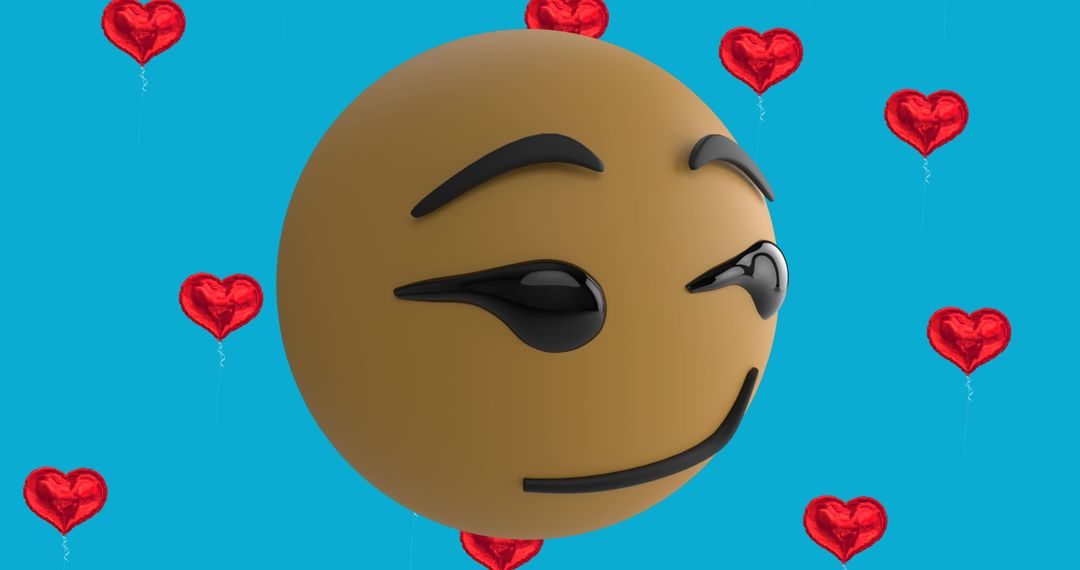 Smiling Emoji with Heart Balloons on Blue