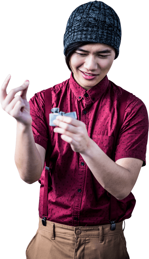 Asian Man in Cap Using Lighter Transparent Concept