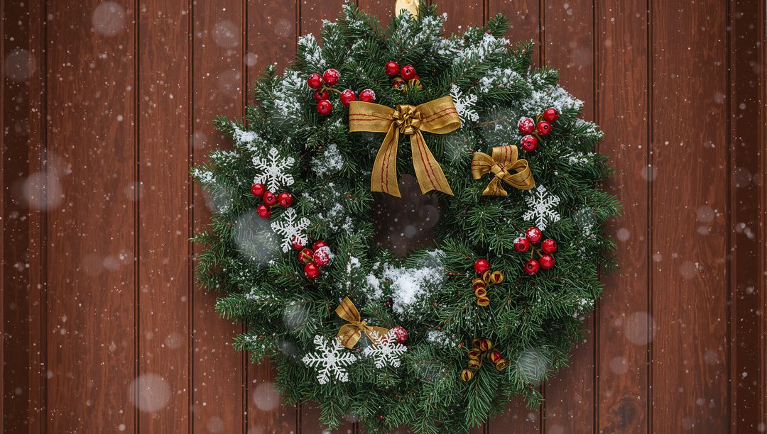 Festive Pine Wreath with Snowflakes and Red Berries on Rustic Wooden Wall