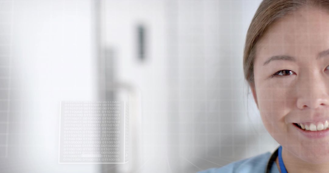 Smiling Korean Nurse in Scrubs with Digital Code Overlay in Modern Clinic