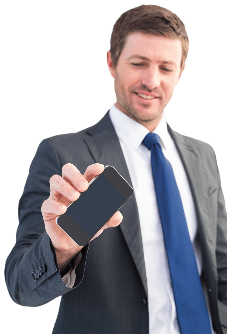 Confident Businessman Displaying Transparent Smartphone Screen