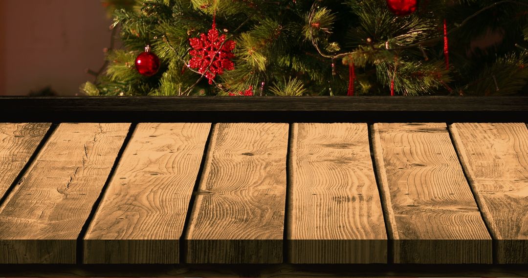 Festive Holiday Background with Wooden Table and Christmas Tree
