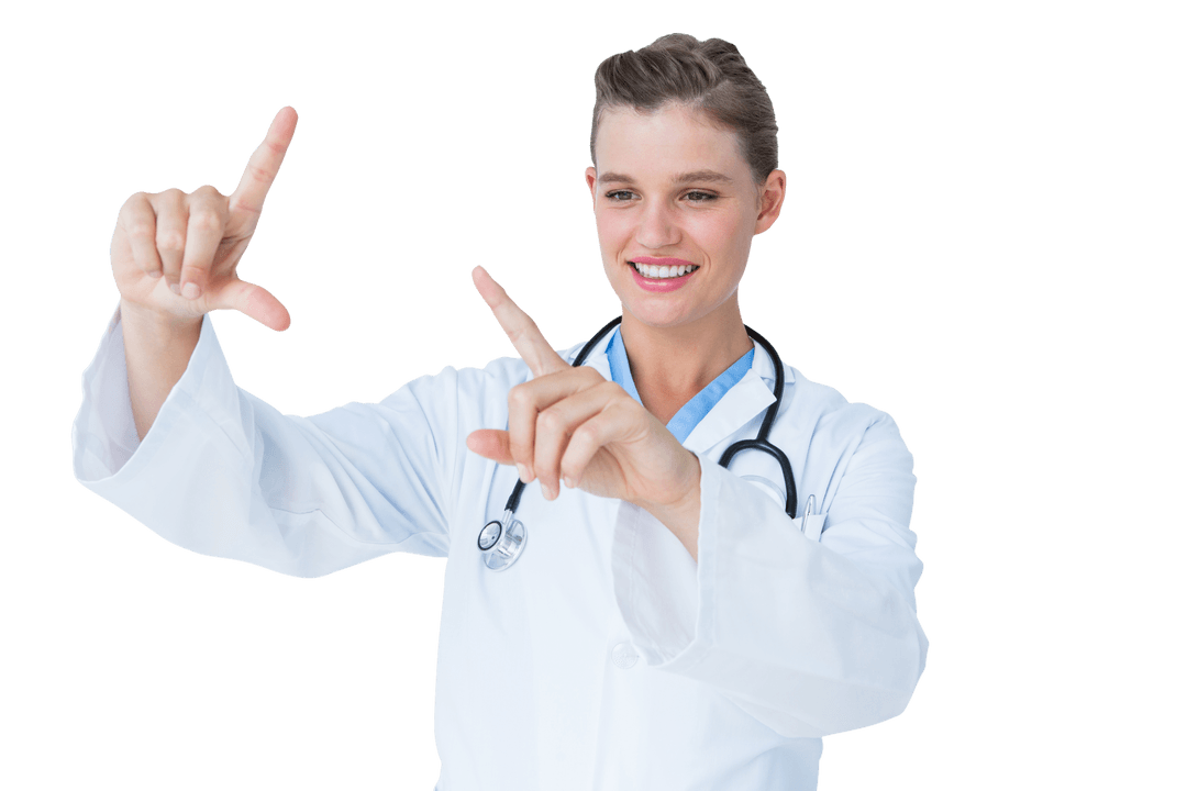 Transparent Smiling Doctor Making Finger Frame Focus Gesture