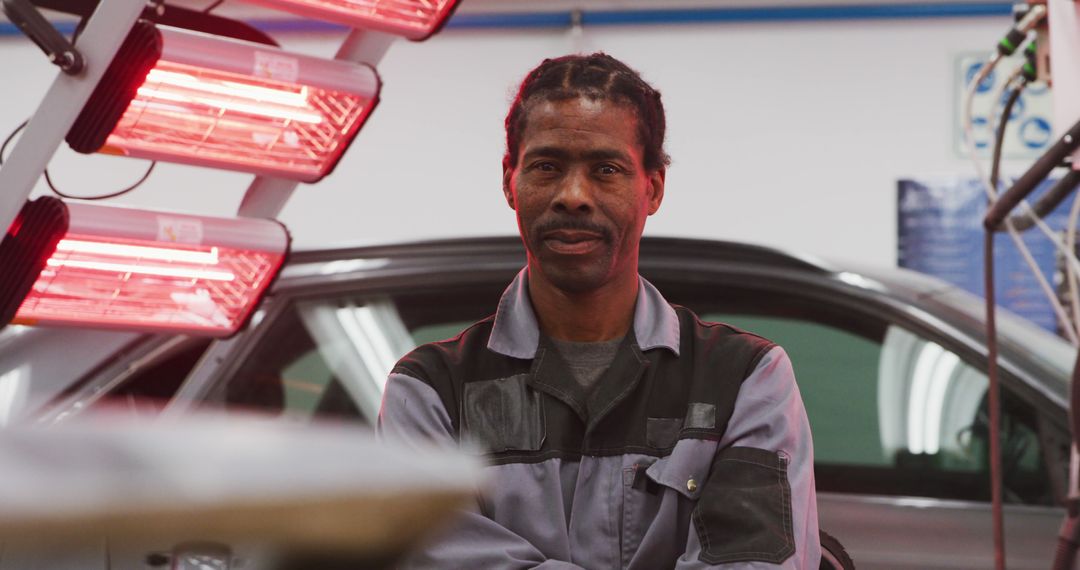 Portrait of african american male mechanic in car workshop - Free Images, Stock Photos and Pictures on Pikwizard.com