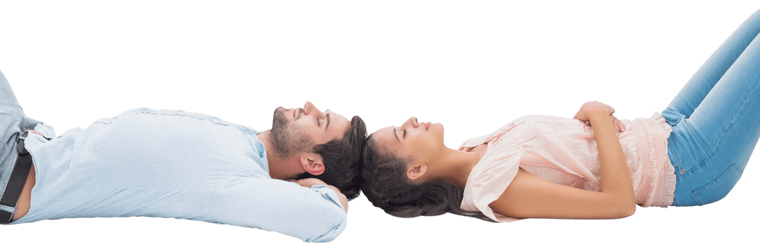 Transparent Relaxed Couple Resting Back-to-Back on Floor