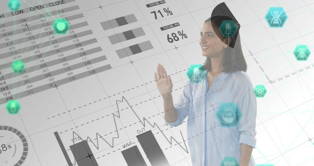 Woman Interacting with Virtual Medical Interface for Data Analysis