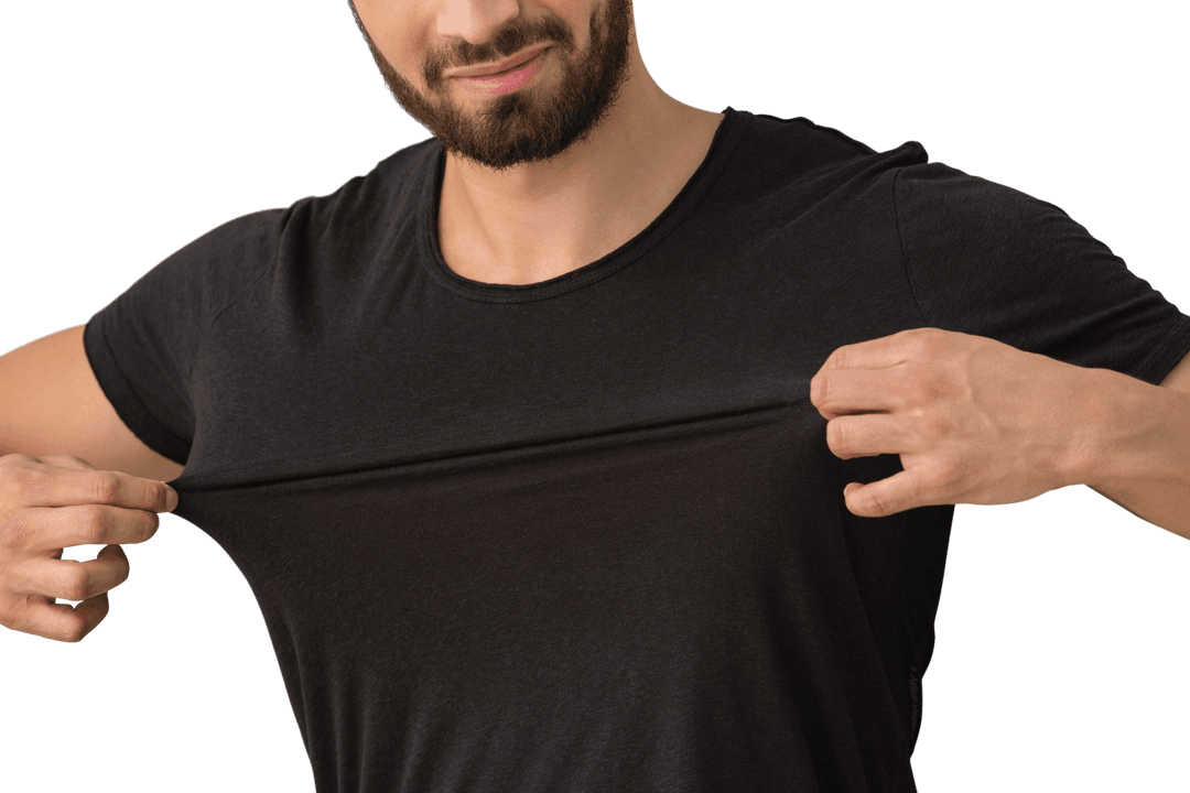 Man Wearing Black T-shirt Holding Fabric Displaying Quality