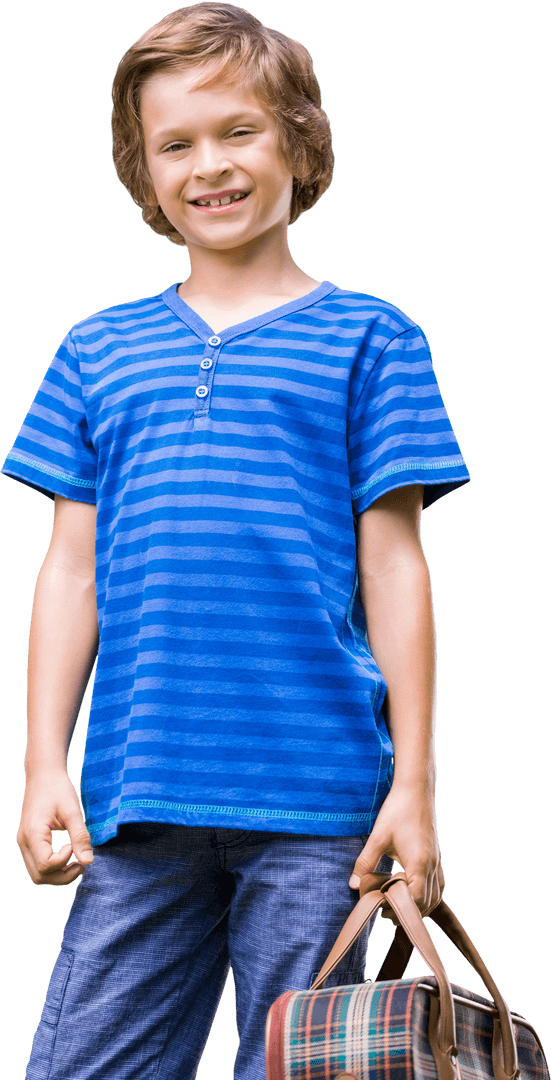 Smiling Boy Holding Checked Bag in Everyday Blue Attire Transparent
