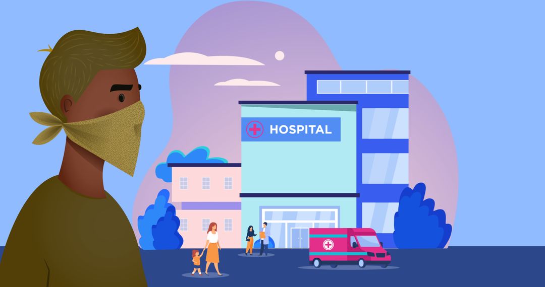 Man Wearing Mask with Hospital in Background Illustrating Health Awareness