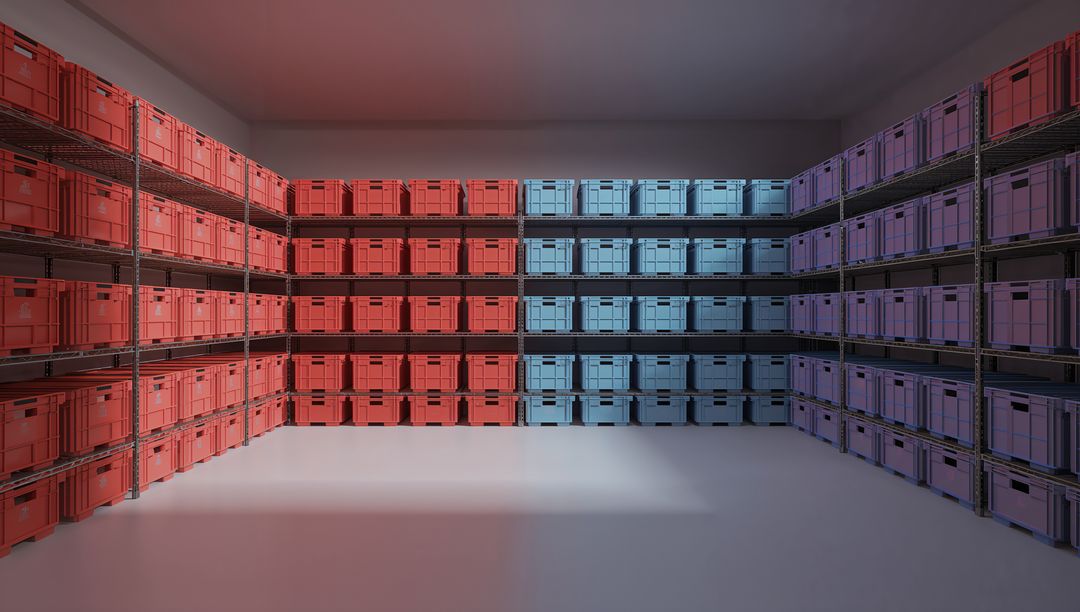 Color-blocked warehouse storage forming geometric corner with stacked plastic crates