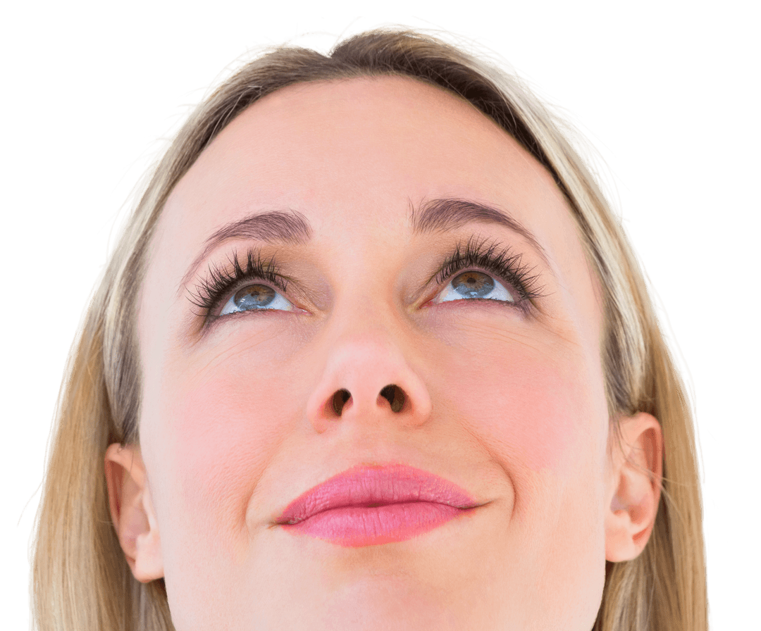 Transparent Smiling Woman Looking Upwards with Hope