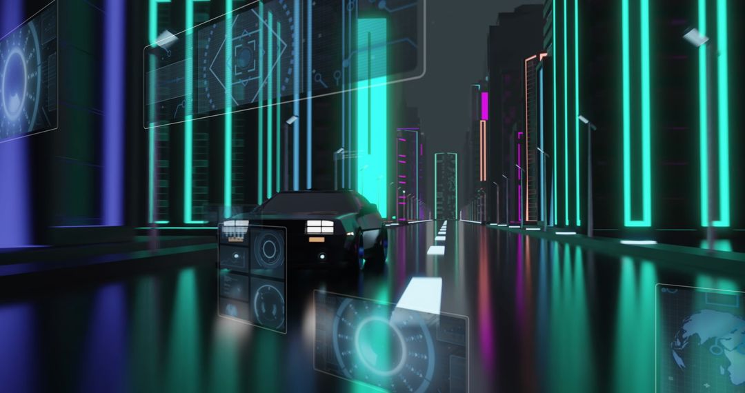 Futuristic Car with Digital Interface in Neon Cityscape