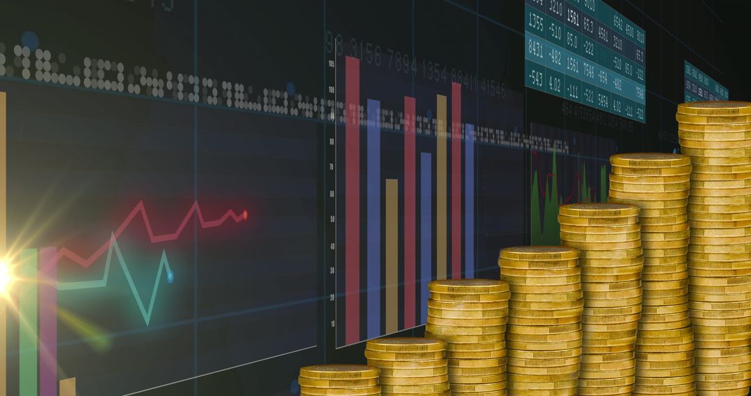Stacked Gold Coins with Digital Financial Charts