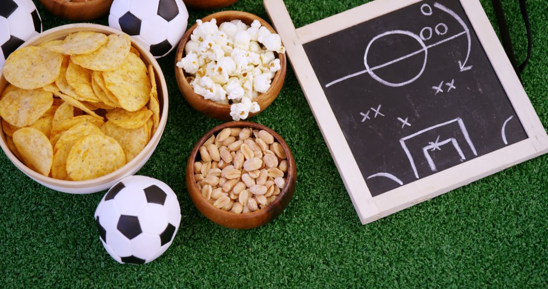 Snacks and Soccer Elements on Grass Background - Free Images, Stock Photos and Pictures on Pikwizard.com