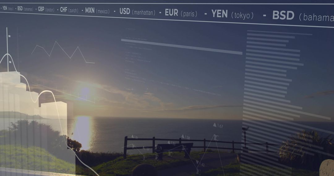 Sunset Scenic Landscape Blending with Financial Data Overlay