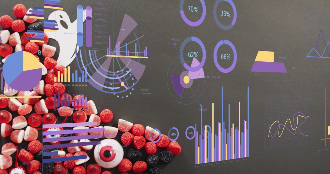 Bold candy cluster with purple data visualization overlay on dark background for marketing