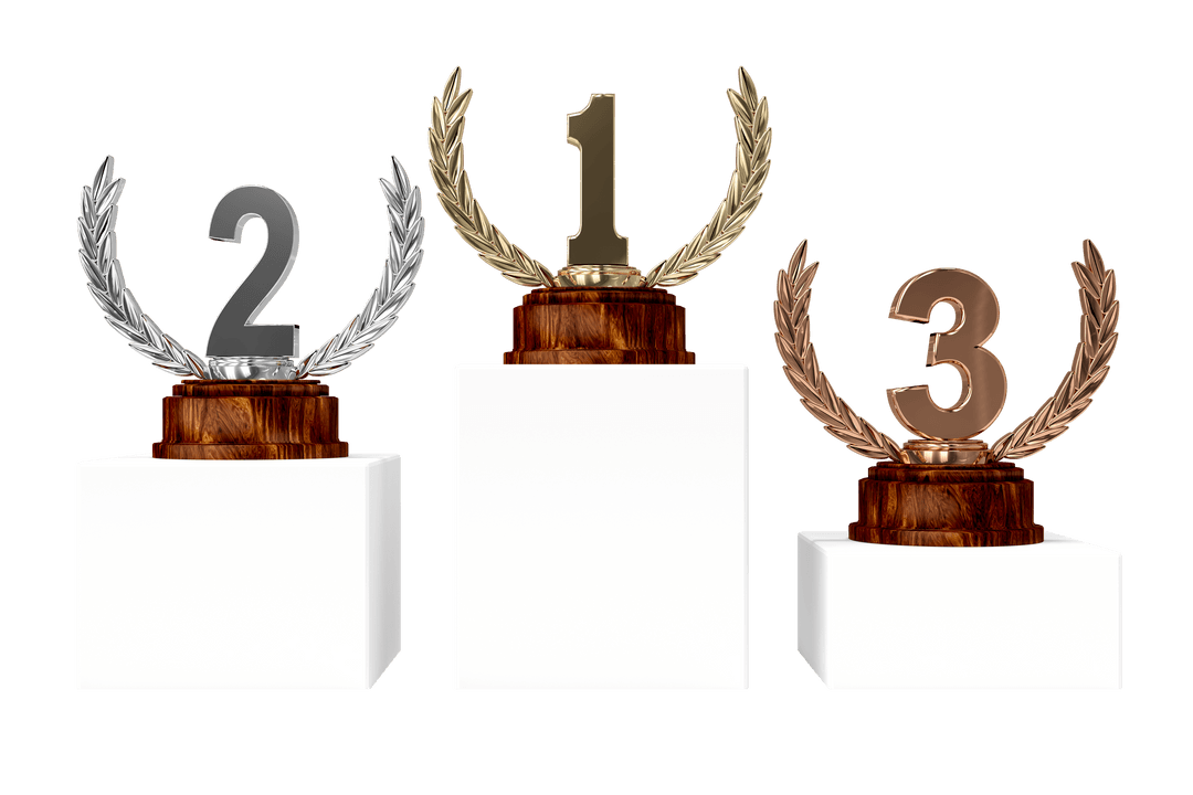 Transparent 1st, 2nd, 3rd Place Trophies on White Pedestals