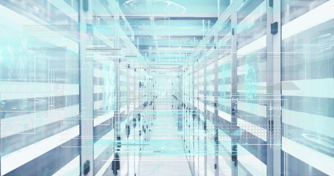 Futuristic Data Center with Overlaid Digital Graphics