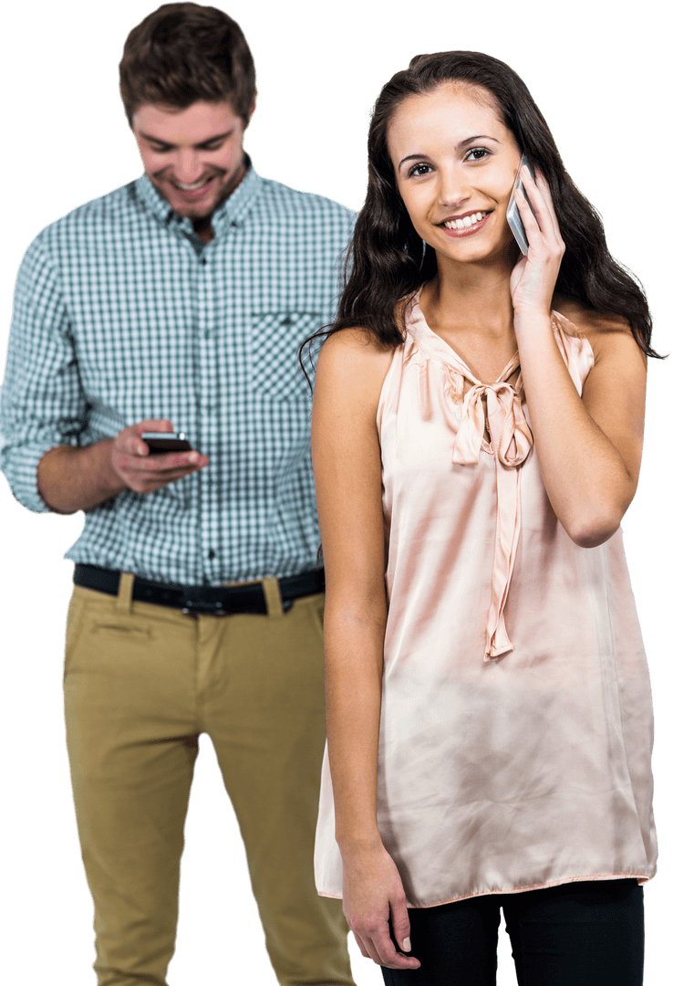 Transparent Background Smiling Couple Using Smartphones in Everyday Fashion
