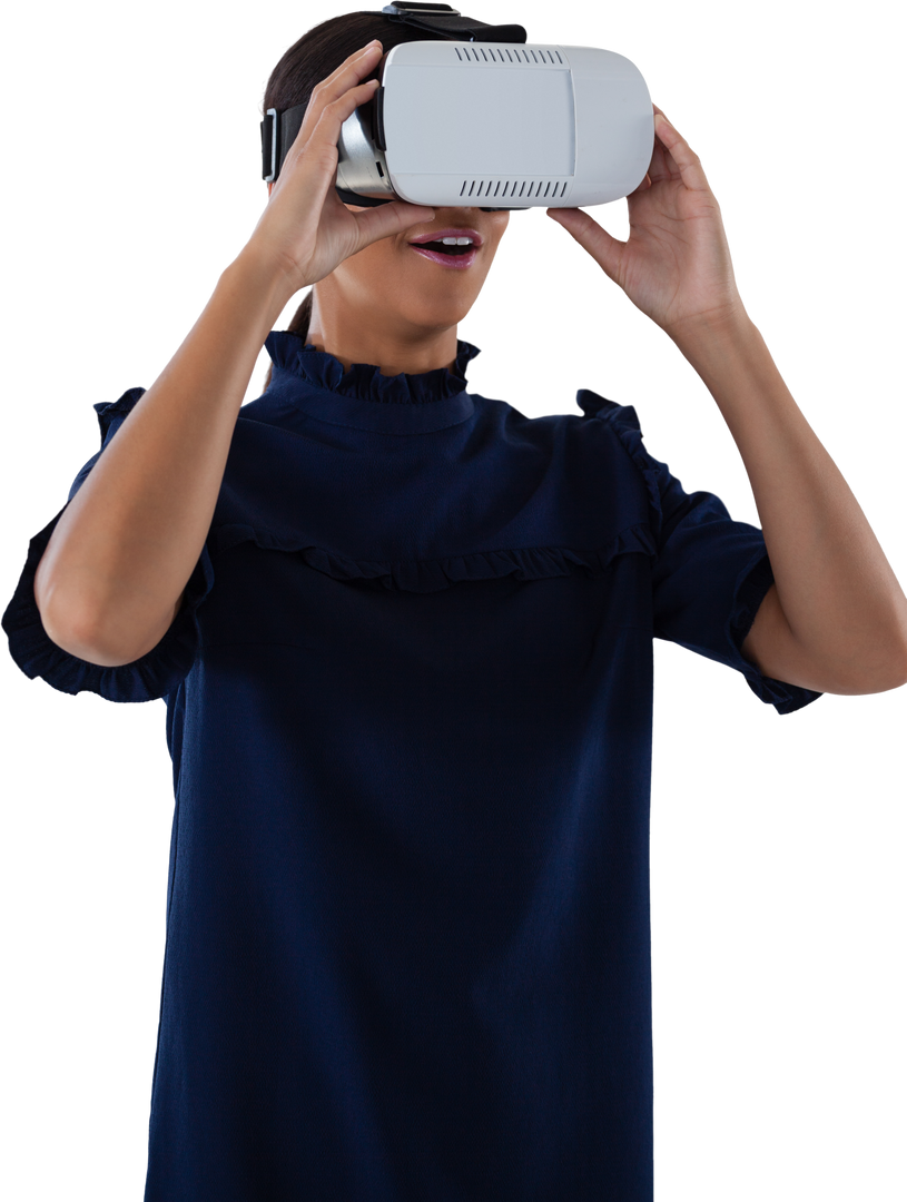 Woman in Blue Blouse Using Virtual Reality Clear Headset - Download Free Stock Images Pikwizard.com