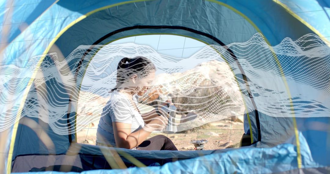 Camper Preparing Hot Drink Inside Tent With Scenic View