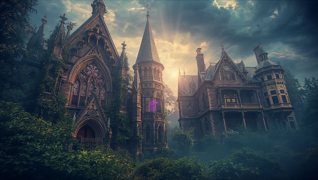 Gothic Architecture in Misty Woodland Glade at Sunrise