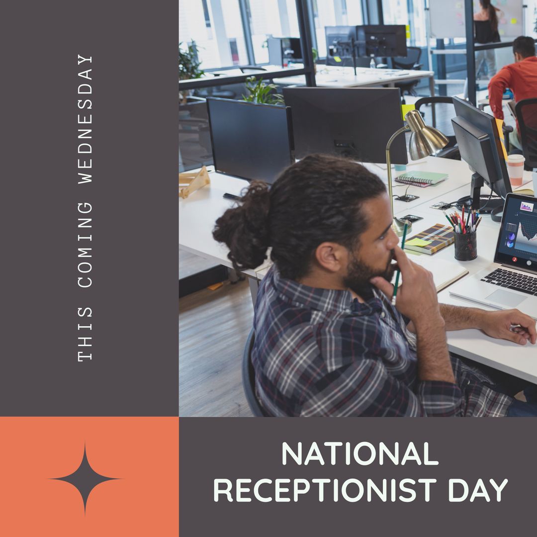 Man Working in Office with National Receptionist Day Text