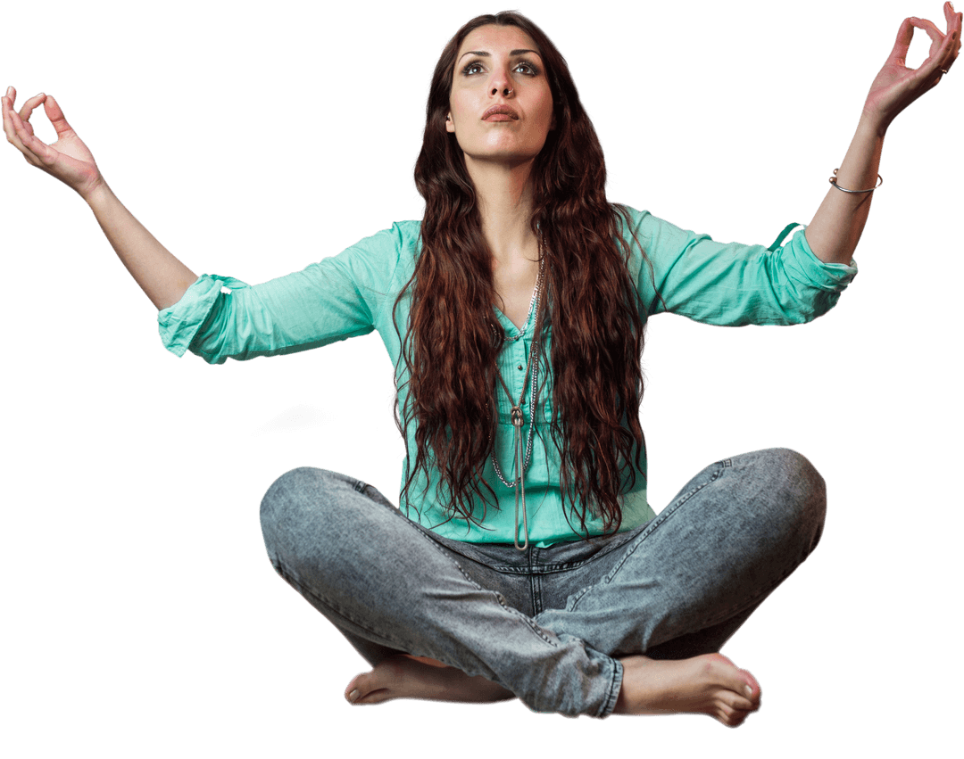 Enigmatic Woman Levitating with Tranquil Expression on Transparent Background