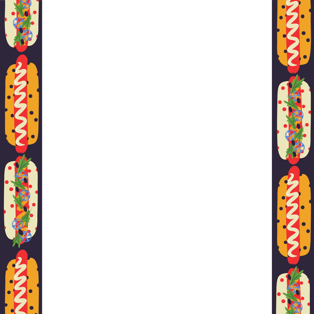 Colorful Hot Dog Border with Muted Teal Center on Transparent Background