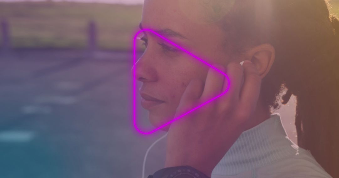 Listening to Music with Gear Surrounded by Neon Abstract Shapes