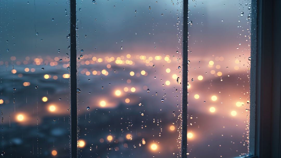 Glistening Raindrops on Window at Twilight with City Bokeh