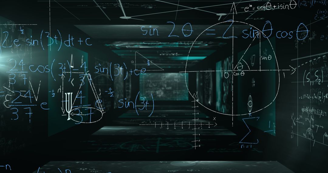 Futuristic Data Analysis Room with Mathematical Visualizations