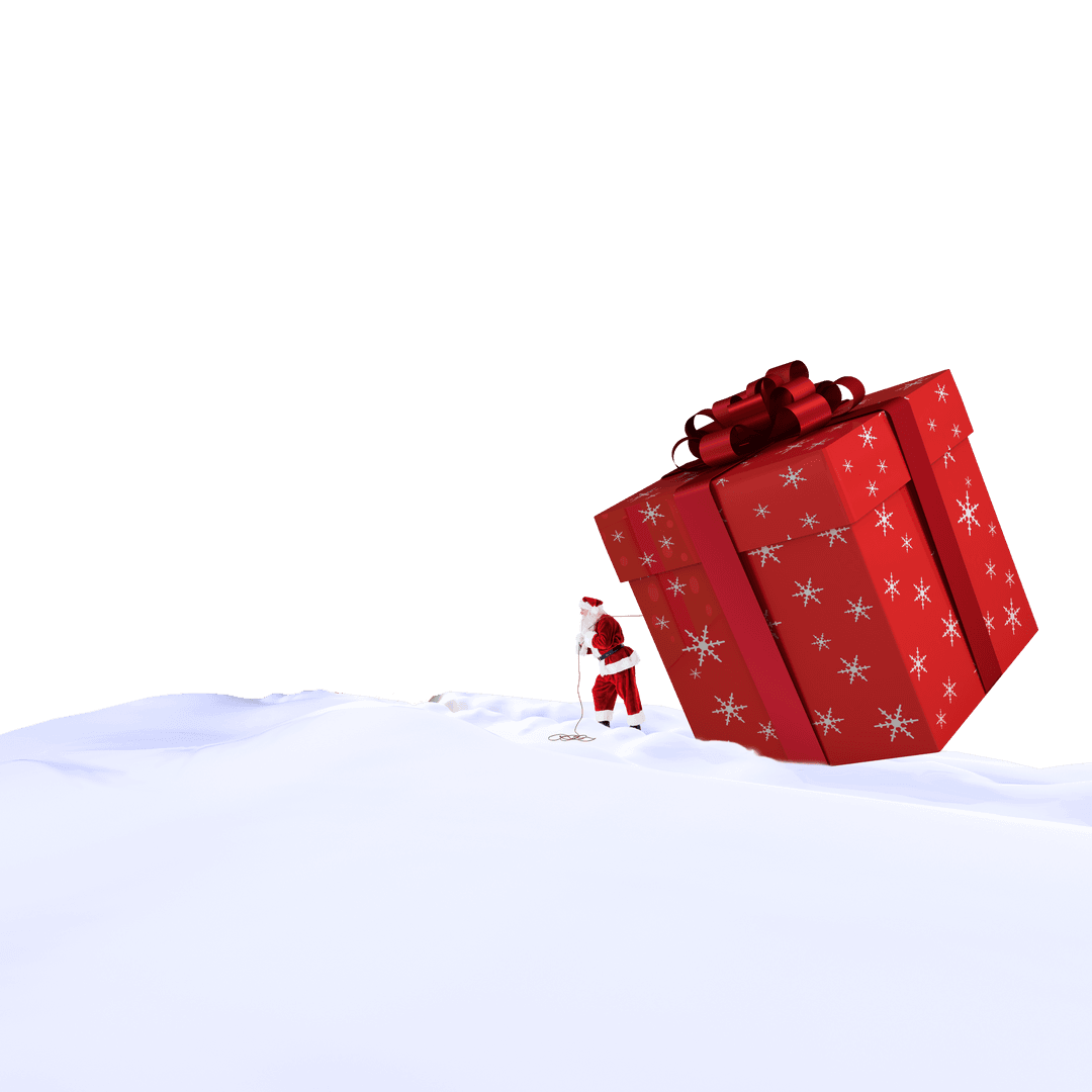 Holiday Santa Delivering Giant Transparent Gift Box in Snowy Scene