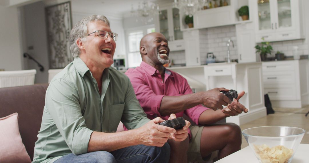 Image of happy diverse male senior friends playing image games - Free Images, Stock Photos and Pictures on Pikwizard.com