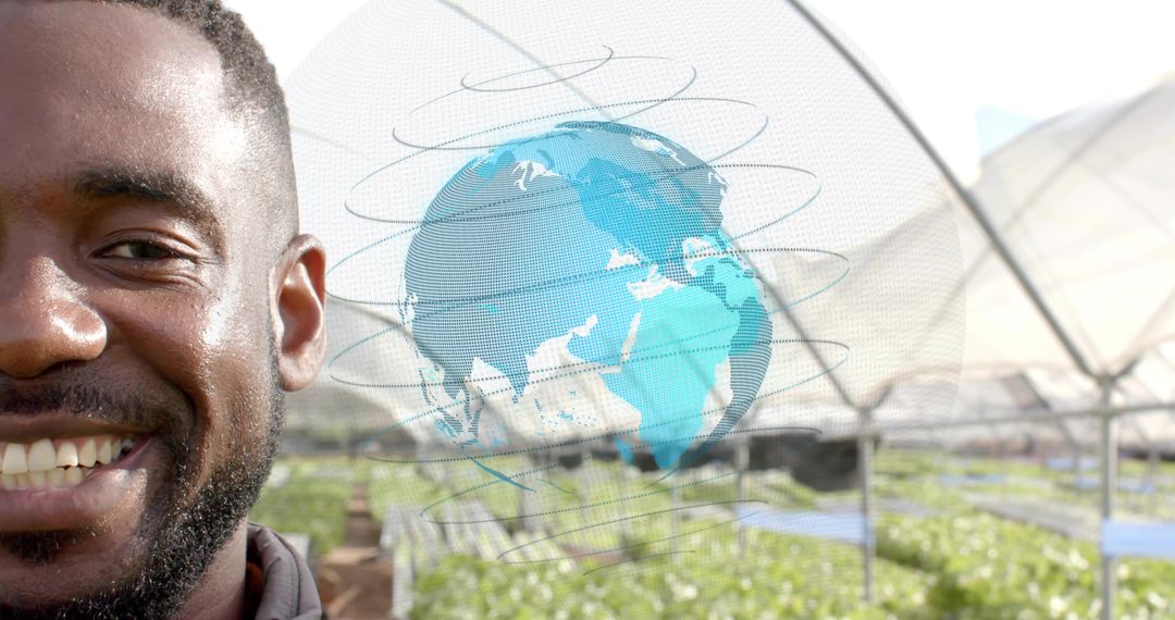 Man Embracing Horticulture Innovation with Digital Globe Transformation