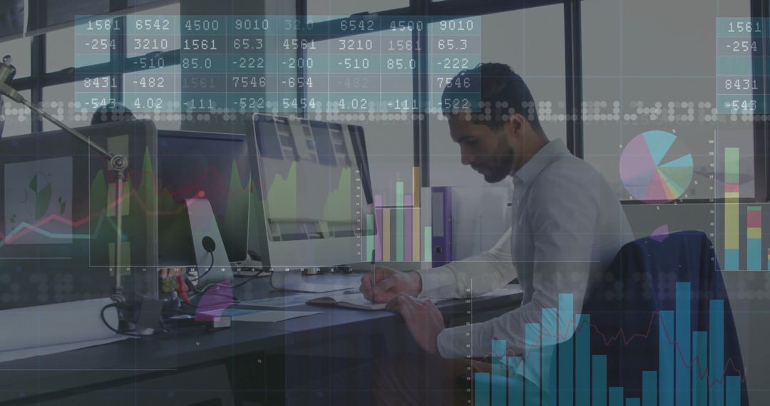 Businessman in Modern Office Writing Amid Digital Charts