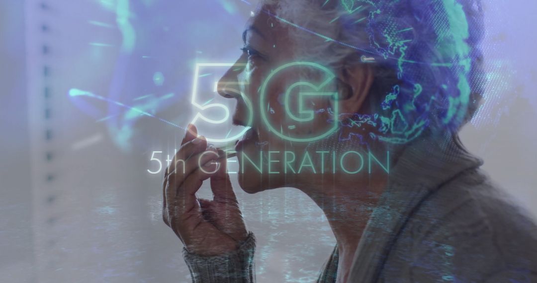 Senior Woman Connecting Digitally with 5G Technology Representation