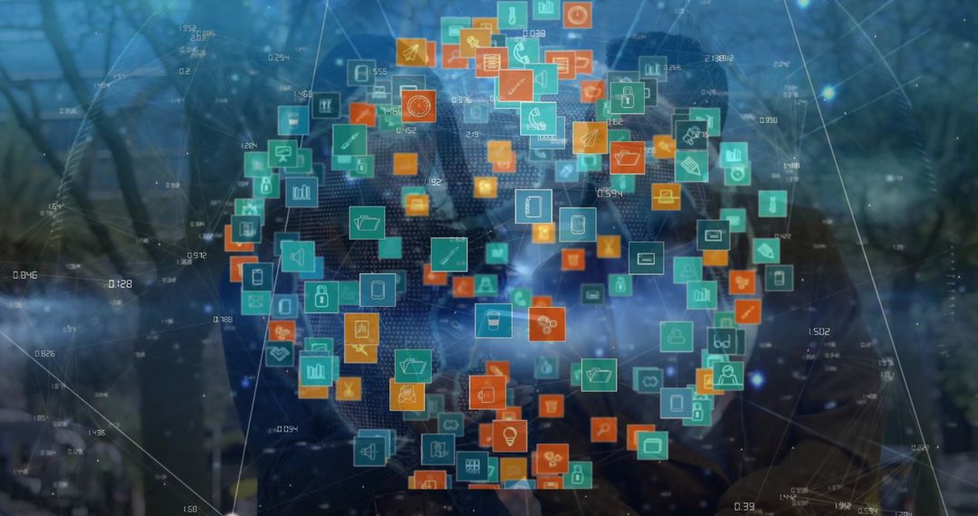 Floating Digital Data Sphere with Technology Icons at Park Clearing
