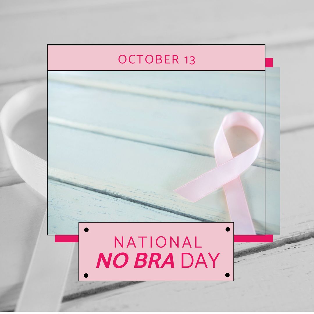 National No Bra Day Banner with Pink Ribbon on Light Wooden Surface