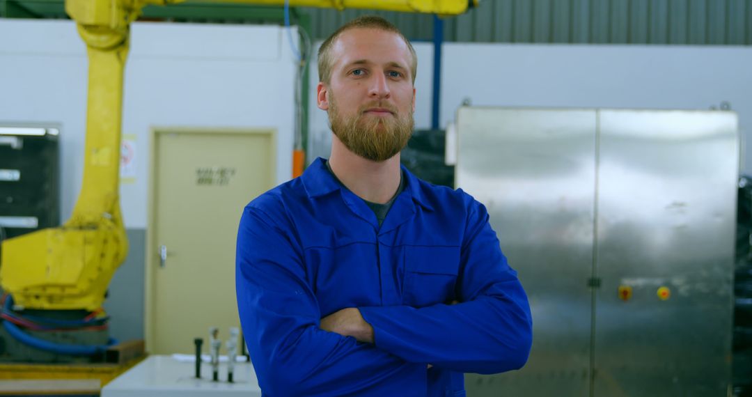 Confident Male Engineer in Blue Jumpsuit Standing in Factory - Free Images, Stock Photos and Pictures on Pikwizard.com