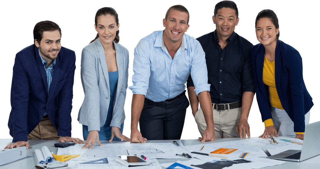 Diverse Group of Executives Collaborating at Transparent Desk