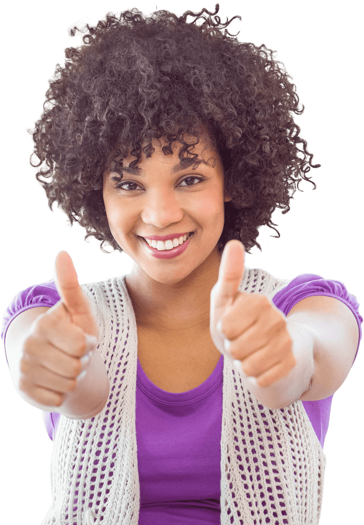 Smiling Woman With Afro Giving Thumbs Up on Transparent Background
