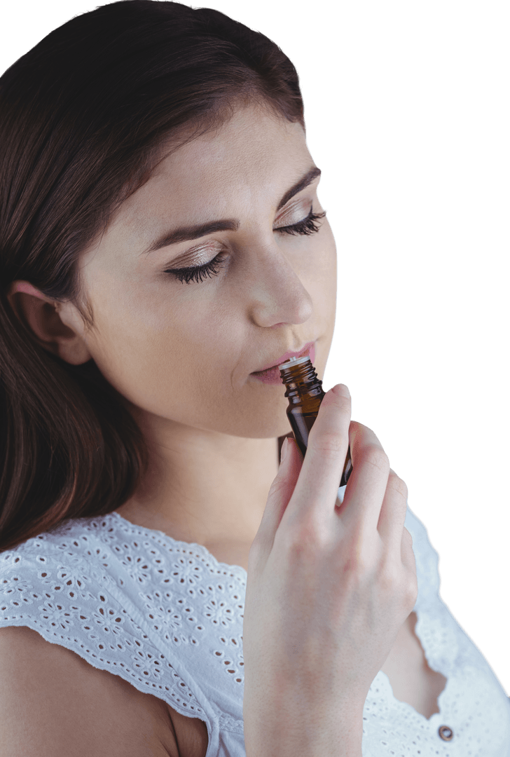 Woman Smelling Alternative Oil Tincture Transparent Background