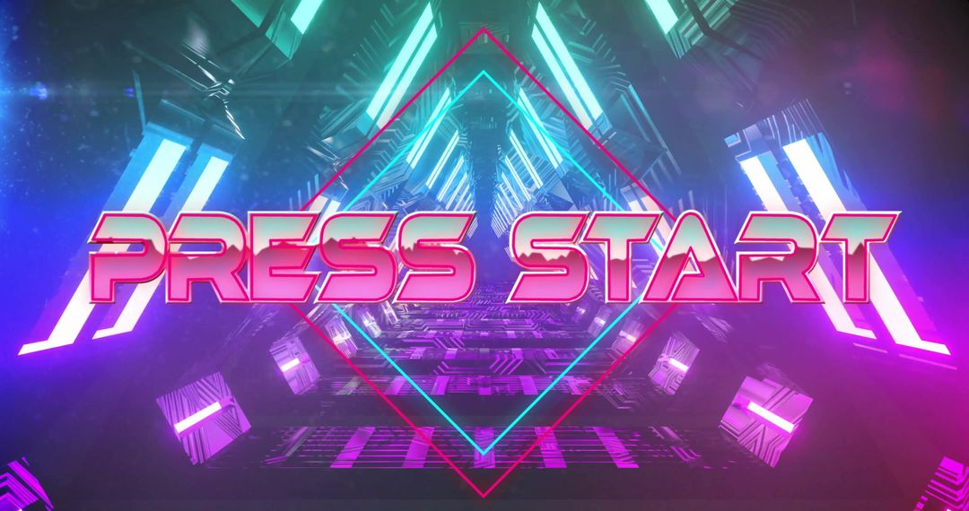 Neon 'Press Start' Text Over Abstract Background