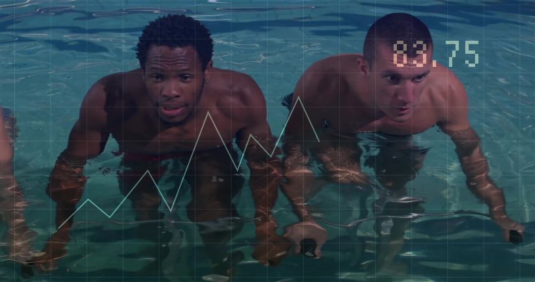 Men Using Underwater Bikes in Pool with Performance Metrics